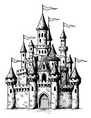 Obraz premium Vintage castle set with towers and flags black and white line art