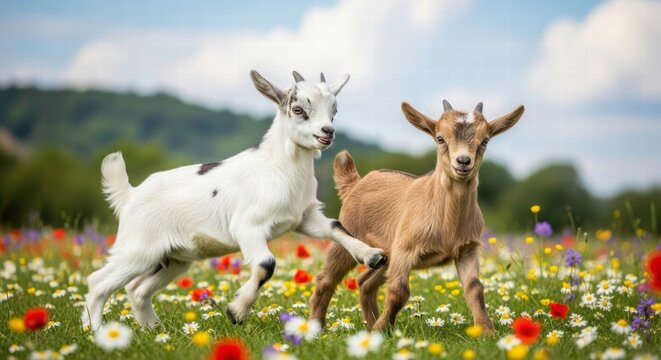 Playful Goats in Blooming Field: Two adorable young goats frolic joyfully amidst a vibrant meadow of wildflowers, set against a backdrop of a clear blue sky.