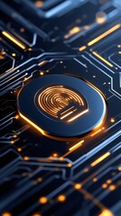 Biometric security featuring fingerprint sensor glowing on circuit board securing digital data