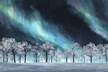 Brilliant celestial lights illuminate a dark winter forest scene