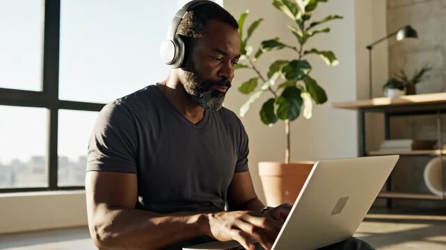 Man working on laptop while wearing headphones in modern workspace. Concept of remote work and digital communication. Useful for articles on productivity and technology.