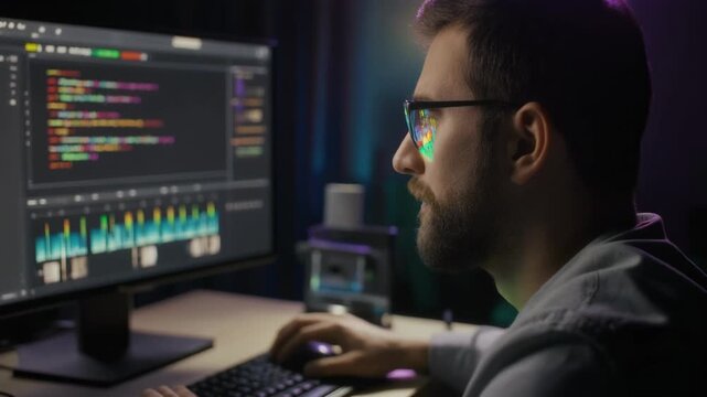 Sequence of a caucasian male professional working on a computer in a dark room. Focused adult developer or editor writing code with the screen reflected in his glasses