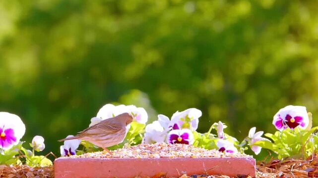 Bird enjoying colorful flowers and seeds in vibrant garden setting