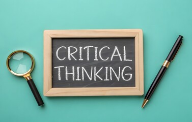 The concept of critical thinking. Ability to analyze information objectively and make reasoned judgments based on evidence. Board with inscription and magnifying glass