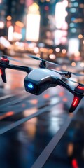 Futuristic police drone patrolling city at night with glowing red and blue lights