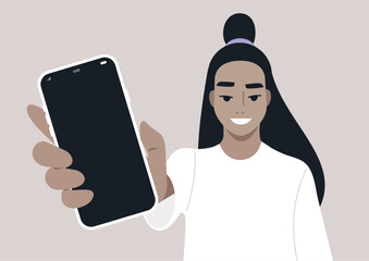 A mobile phone template, a character displays a phone screen, showcasing their excitement and curiosity, The cozy atmosphere enhances their joyful interaction