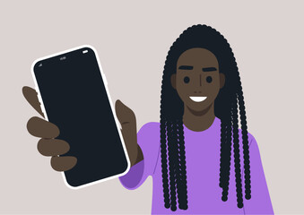 A mobile phone template, a character displays a phone screen, showcasing their excitement and curiosity, The cozy atmosphere enhances their joyful interaction