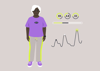 A senior woman interacts with her smartwatch, looking stylish in a bright outfit, She is actively keeping track of her health and fitness, embracing a lifestyle focused on well-being and vitality.