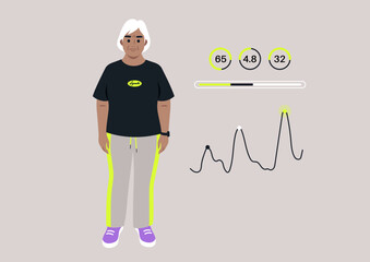 A senior woman interacts with her smartwatch, looking stylish in a bright outfit, She is actively keeping track of her health and fitness, embracing a lifestyle focused on well-being and vitality.