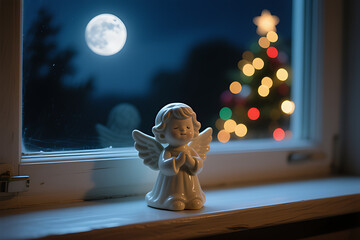 Peaceful Angel Figurine on a Windowsill Under a Full Moon, Gazing at a Blurred Christmas Tree, Spiritual Holiday Serenity


