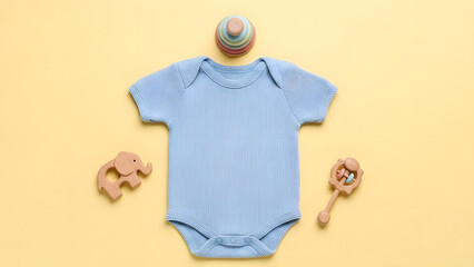 Adorable blue baby bodysuit mockup with natural wooden toys. A charming concept for newborn essentials and baby shower gifts on a pastel yellow background