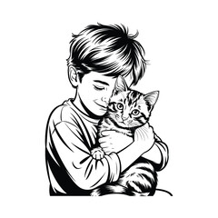 Cute boy hugging his lovely kitten