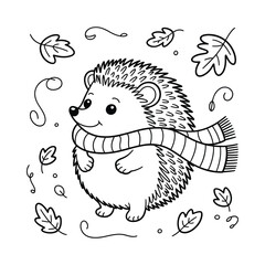 Adorable hedgehog wearing scarf in autumn leaves