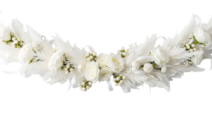 White floral garland with roses and feathers on black background image