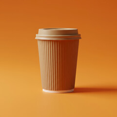 Brown paper coffee cup with beige lid on orange surface, eco-friendly disposable takeaway drink container