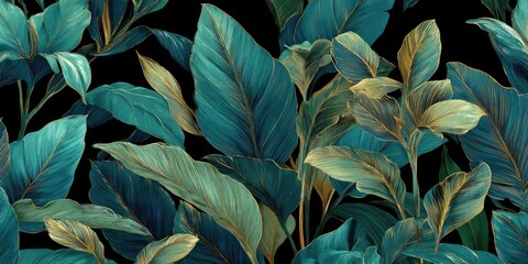 Detailed graphic illustration of lush teal and gold tropical leaves on a black background