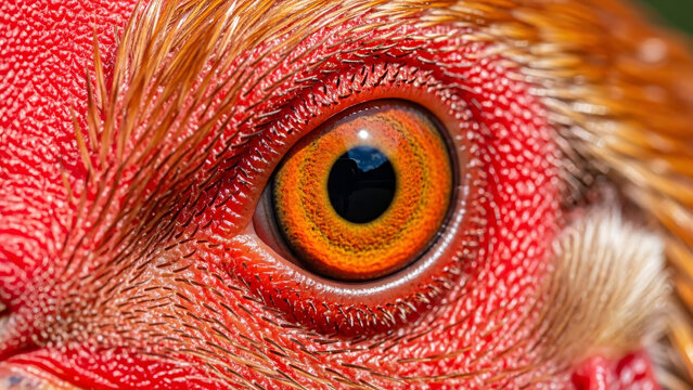 Rooster eye close up with vivid red skin and feathers