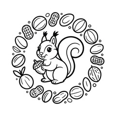 Squirrel surrounded by nuts in a circle