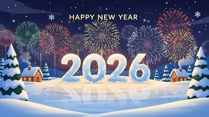 A snowy winter landscape with charming houses under a vibrant fireworks display celebrating Happy New Year 2026.
