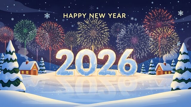 A snowy winter landscape with charming houses under a vibrant fireworks display celebrating Happy New Year 2026.
 - Powered by Adobe