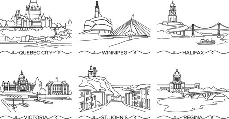 Set of famous Canadian cities skylines continuous line vector icons