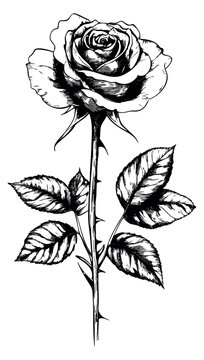 Vintage rose illustration with leaves and thorns black and white line art