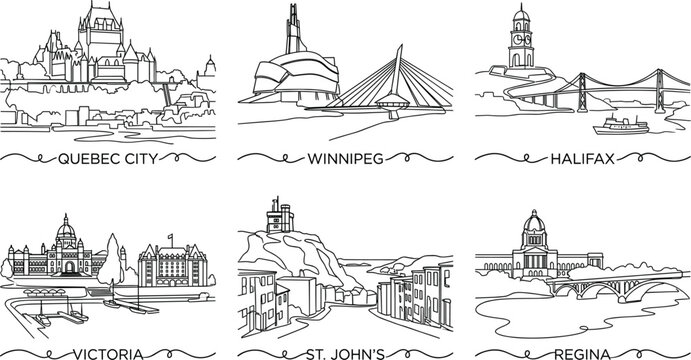 Set of famous Canadian cities skylines continuous line vector icons