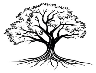 Obraz premium Tree icon with roots and leaves hand drawn outline illustration