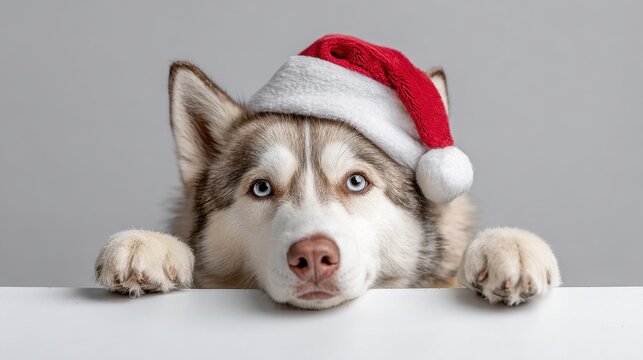 Siberian husky wearing Santa hat, both front paws placed on a blank white sign, blue eyes, holiday theme - Powered by Adobe