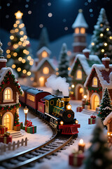 Magical Miniature Christmas Village at Night with a Steam Train on Snowy Tracks, Festive Holiday Lights

