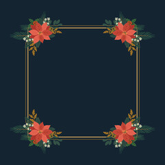 Kwadratowa ramka z poinsecjami. Botaniczny wzór z kwiatami i gałązkami choinkowymi. Elementy do wykorzystania na zaproszenia, świąteczne życzenia, kartki z okazji Bożego Narodzenia lub Nowego Roku. © Monika