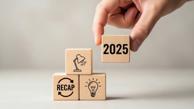 2025 Year in Review Business and Finance. Wooden blocks stacked with recap and idea icons under 2025, symbol of structured business evaluation.
