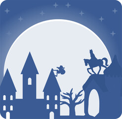 Obraz premium Happy Santa Claus Day. Silhouette of Saint Nicholas against the moon and city buildings. Cartoon flat vector illustration.