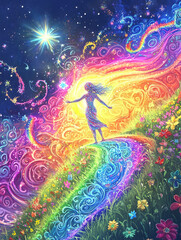Obraz premium Spiritual concept of a glowing woman walking on a rainbow, stretching towards a bright star. Pastel aura signifying soulawakening consciousness, prana energy and cosmic awakening connection 