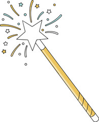 Vector illustration of a magic wand topped with a white star, surrounded by a burst of colorful sparks, confetti, and smaller stars,