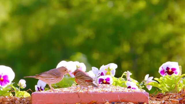 Two house sparrows eating from a pink bird feeder surrounded by flowers