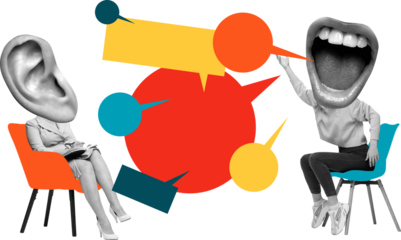 Creative artwork of giant ear and mouth head figures in colorful dialogue with speech bubbles on transparent background. Concept of communication, media, and active listening with emotional contrast.