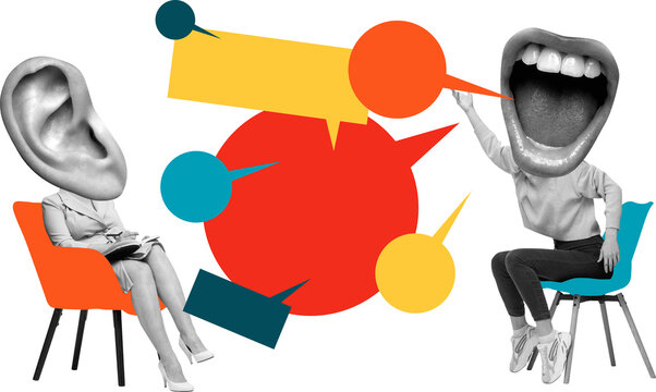 Creative artwork of giant ear and mouth head figures in colorful dialogue with speech bubbles on transparent background. Concept of communication, media, and active listening with emotional contrast.