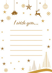 Elegant Christmas wish card with gold ornaments, stars, snowflakes, and winter trees. Clean festive layout with space for text, perfect for greeting cards, letters, prints, and holiday stationery.