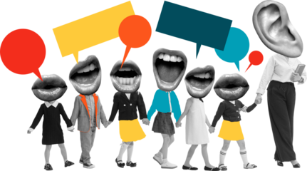 Colorful collage of children with giant mouth heads and teacher with ear head holding hands with speech bubbles on transparent background. Concept of education, communication and active group learning
