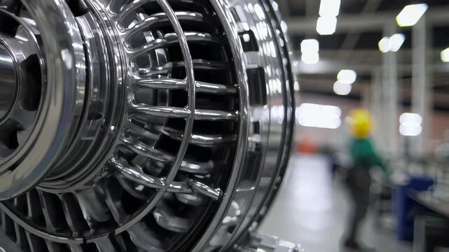 close-up of a giant industrial electric motor inside a modern factory, metallic textures, blurred background with engineer walking in safety helmet, heavy industry