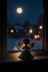 Peaceful Angel Figurine on a Windowsill Under a Full Moon, Gazing at a Blurred Christmas Tree, Spiritual Holiday Serenity

