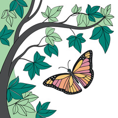 Colorful butterfly flying near tree branch with green leaves