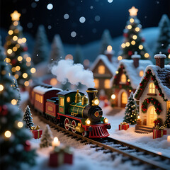 Magical Miniature Christmas Village at Night with a Steam Train on Snowy Tracks, Festive Holiday Lights

