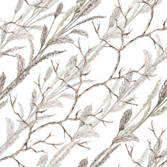 A seamless pattern with diagonal rows of various steppe grasses and dried branches. Watercolor illustration for eco-projects, posters, hotel designs, and nature reserve websites.