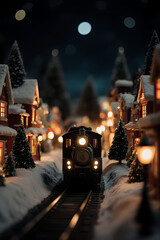 Magical Miniature Christmas Village at Night with a Steam Train on Snowy Tracks, Festive Holiday Lights

