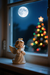 Peaceful Angel Figurine on a Windowsill Under a Full Moon, Gazing at a Blurred Christmas Tree, Spiritual Holiday Serenity

