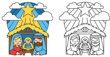 Cute Christmas Nativity Scene with Jesus Mary and Joseph in Manger Vector Illustration for Coloring Book Page