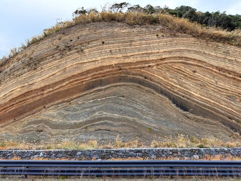 Folded Strata Road Cut and Rock Outcrop on Izu Oshima Island, Japan
