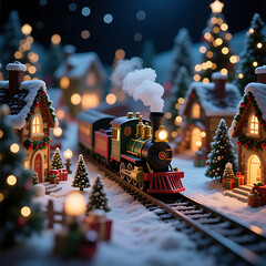 Magical Miniature Christmas Village at Night with a Steam Train on Snowy Tracks, Festive Holiday Lights

